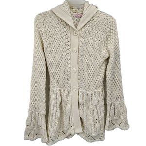 Cardigan Sweater Hooded Ivory Knit Bell Sleeve Button Womens Medium Puxa‎ Vida